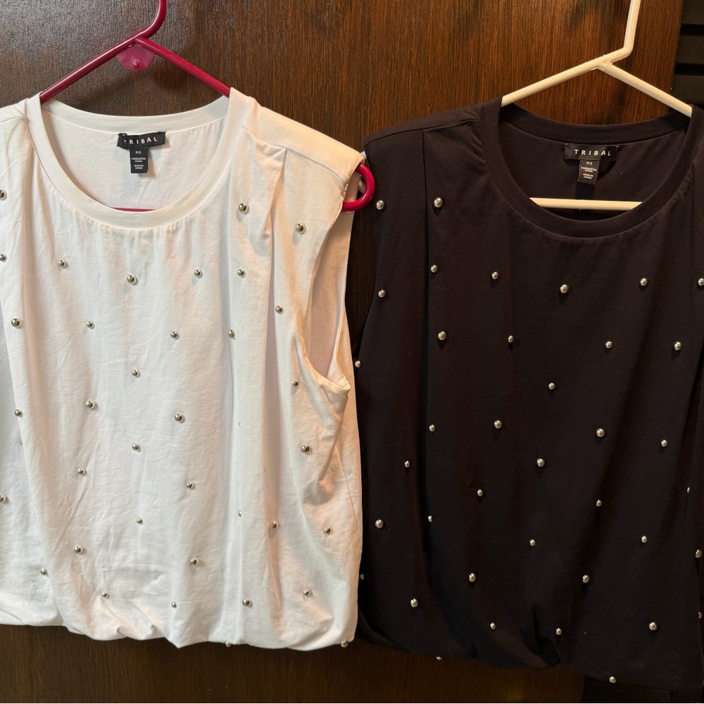 TRIBAL Stud-Embellished Sleeveless Tops set of 2 black and white